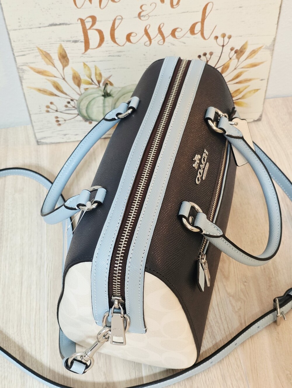 Coach RARE Rowan Colorblock Satchel Crossbody Purse Midnight Blue Chalk Bag - Picture 13 of 16